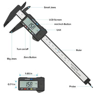 Mandotos 150mm and 100mm electronic digital caliper with carbon fiber body, dial vernier, and micrometer measuring tool.