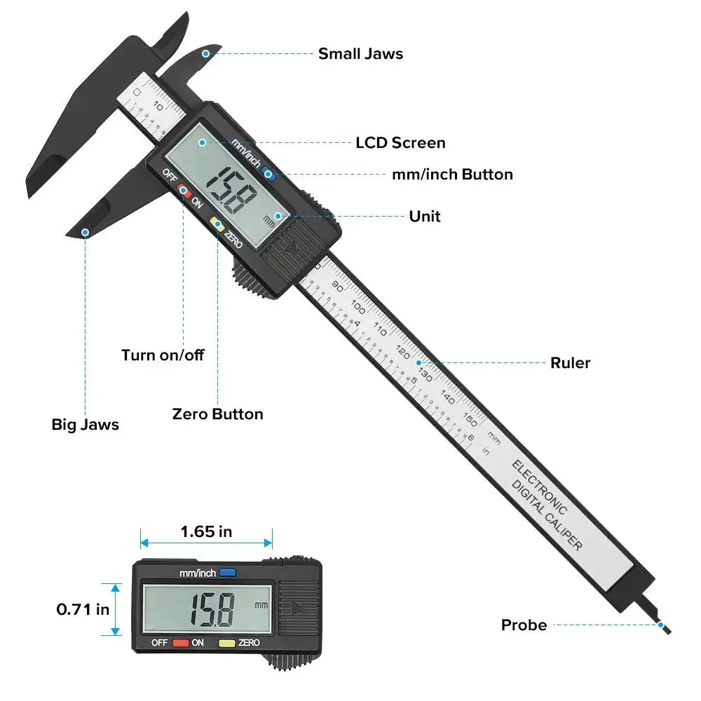Mandotos 150mm and 100mm electronic digital caliper with carbon fiber body, dial vernier, and micrometer measuring tool.