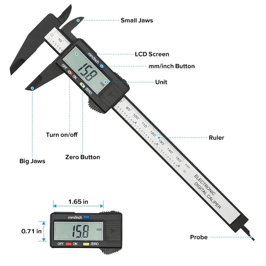 Mandotos 150mm and 100mm electronic digital caliper with carbon fiber body, dial vernier, and micrometer measuring tool.