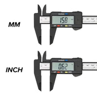 Mandotos 150mm and 100mm electronic digital caliper with carbon fiber body, dial, and vernier for precise measurement.