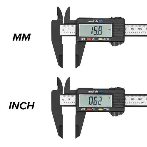 Mandotos 150mm and 100mm electronic digital caliper with carbon fiber body, dial, and vernier for precise measurement.