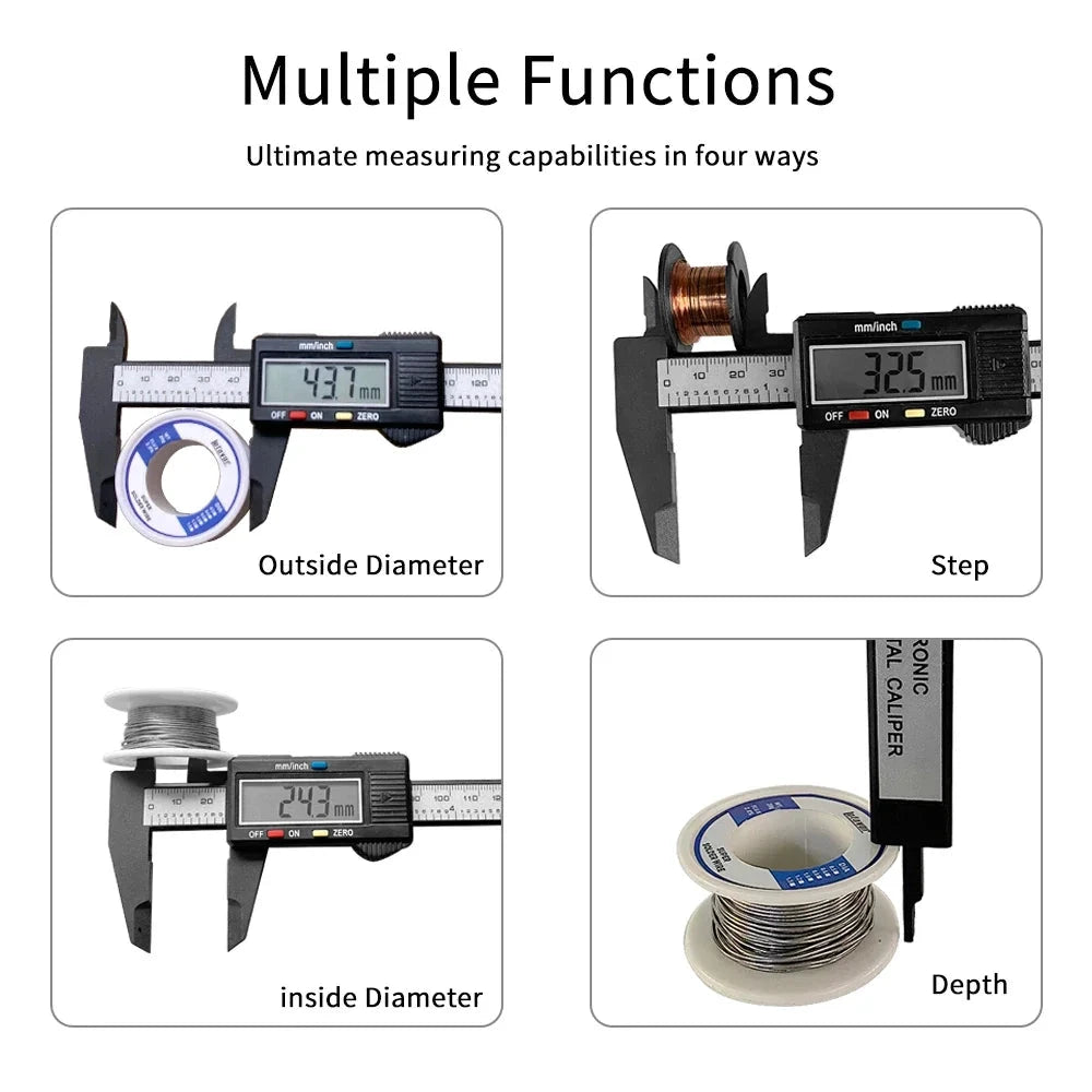 Mandotos electronic digital caliper with carbon fiber body, measuring 150mm and 100mm, for precise micrometer and vernier measurements.