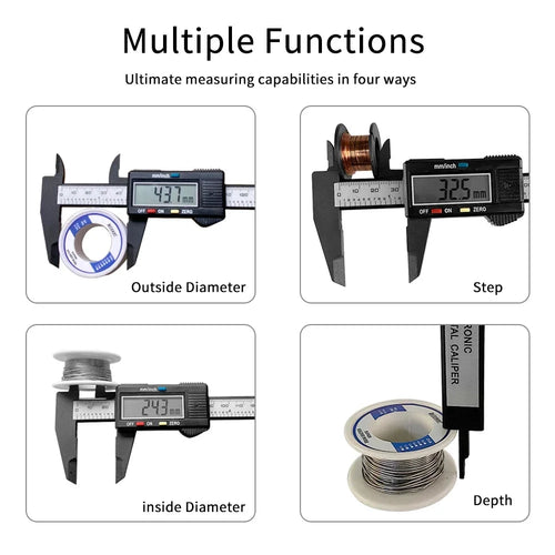 Mandotos electronic digital caliper with carbon fiber body, measuring 150mm and 100mm, for precise micrometer and vernier measurements.