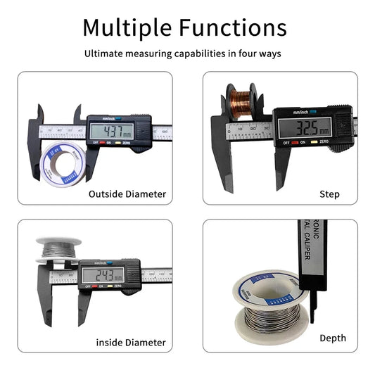 Mandotos electronic digital caliper with carbon fiber body, measuring 150mm and 100mm, for precise micrometer and vernier measurements.