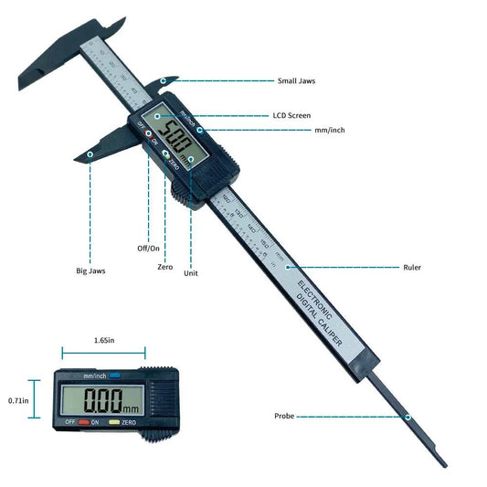 Mandotos 150mm and 100mm electronic digital caliper with carbon fiber body, dial vernier, and measurement gauge for precise measuring.