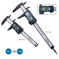 Mandotos 150mm and 100mm electronic digital caliper with carbon fiber body, dial, and micrometer for precise measurement.