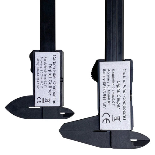 Mandotos 150mm and 100mm electronic digital caliper with carbon fiber body, dial, vernier scale, and precision measurement tool.