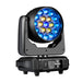 Mandotos 19x15W RGBW LED moving head light for stage lighting with DMX512 control, showcasing colorful stage illumination effects.