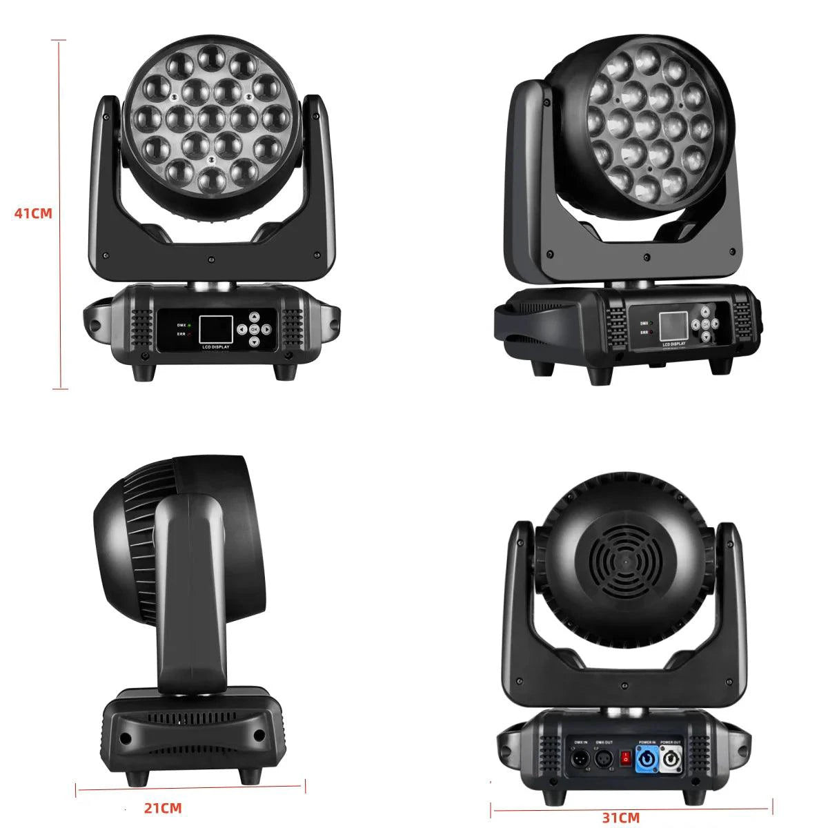 Mandotos 19x15W RGBW LED moving head stage light with DMX512 for dynamic stage lighting and effects.