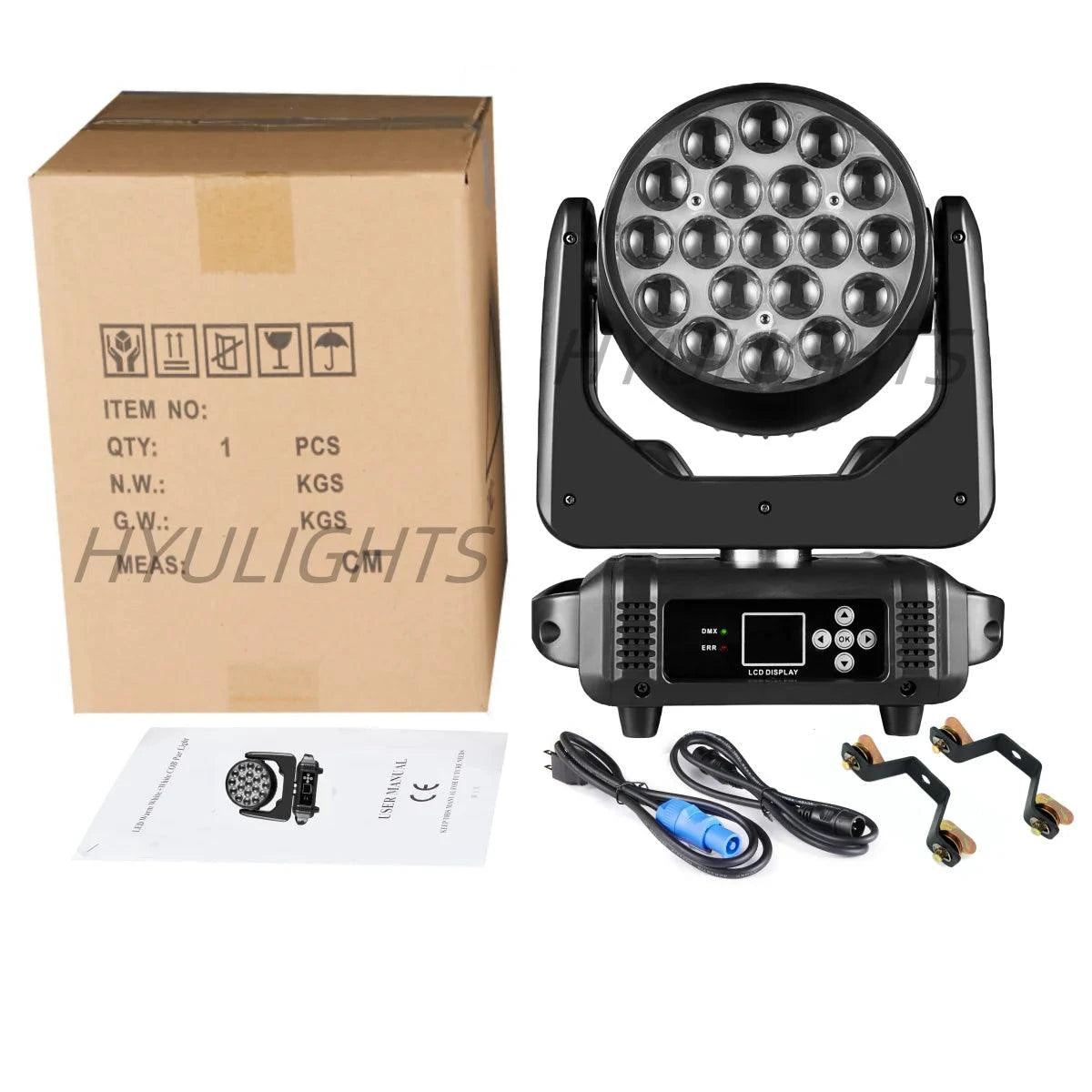 Mandotos 19x15W RGBW LED moving head stage light with DMX512 control, featuring adjustable color and beam effects for stage lighting