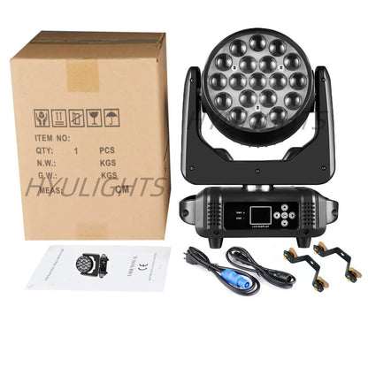 Mandotos 19x15W RGBW LED moving head stage light with DMX512 control, featuring adjustable color and beam effects for stage lighting
