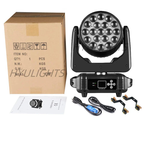 Mandotos 19x15W RGBW LED moving head stage light with DMX512 control, featuring adjustable color and beam effects for stage lighting