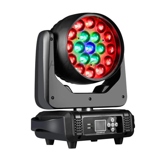 Mandotos 19x15W RGBW LED moving head stage light with DMX512 control, showcasing colorful lighting effects and adjustable angles.