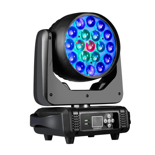 Mandotos 19x15W RGBW LED moving head stage light with DMX512 for professional stage lighting and dynamic light effects.