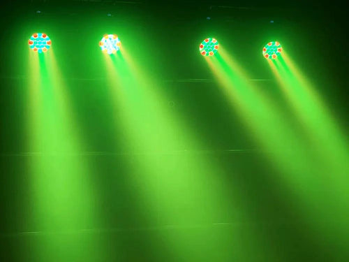 MANDOTOS 19x15W RGBW LED moving head light for stage lighting, DMX512 compatible, with adjustable color and beam effects.