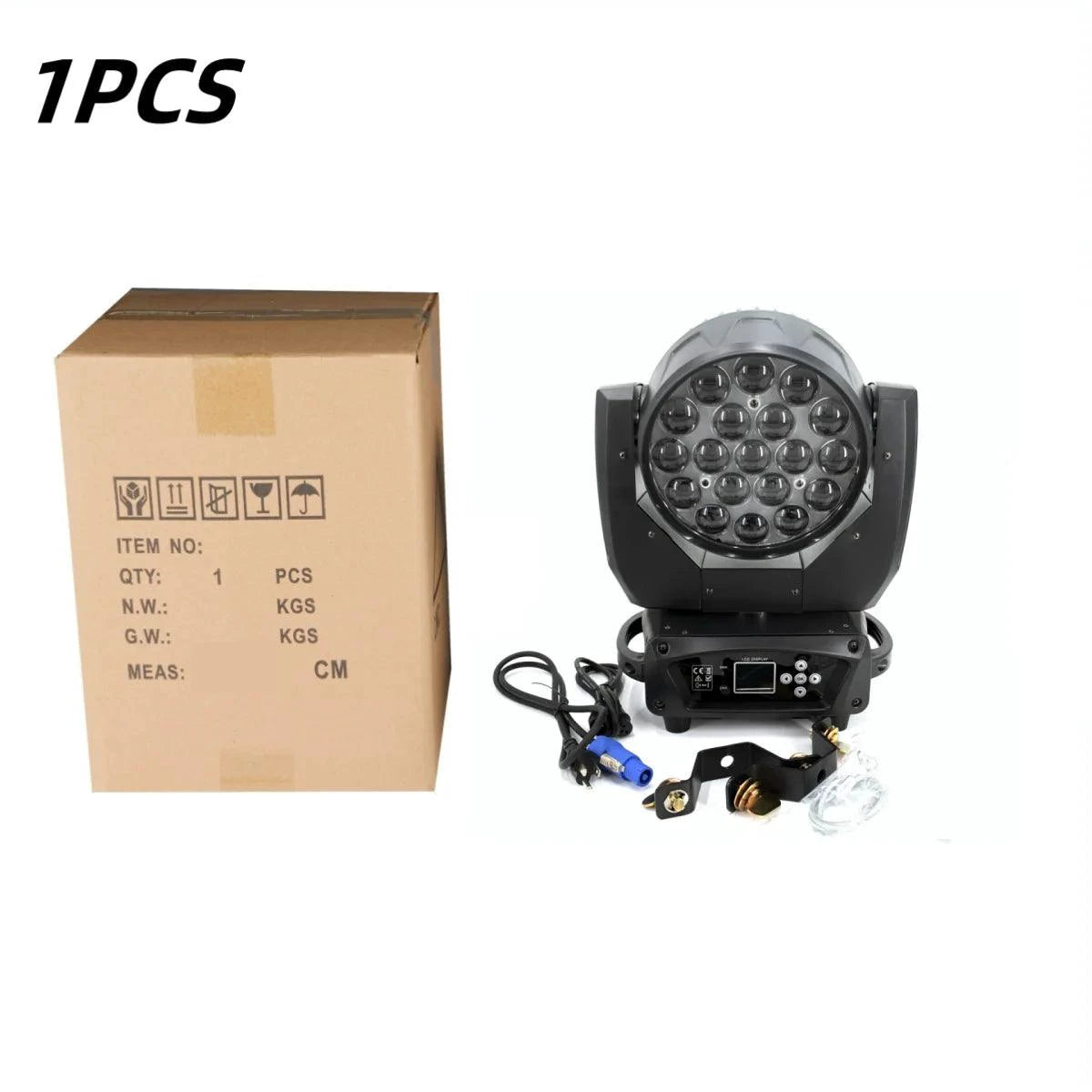 Mandotos 19x15W RGBW LED moving head light with DMX512 for stage lighting, showing adjustable angles and colorful light beams.