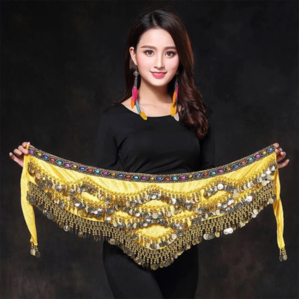 Mandotos multi-color glass silk velvet belly dance belt with crystals, waist chain, and hip scarf, ideal for dance performances and costumes.