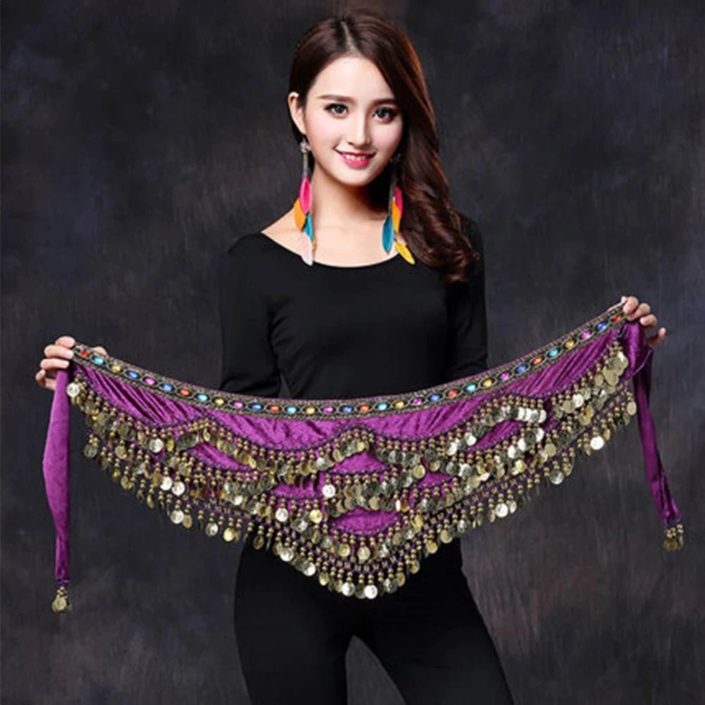 Mandotos multi-color glass silk velvet belly dance belt with crystal accents and waist chain, perfect for hip and dance accessories.
