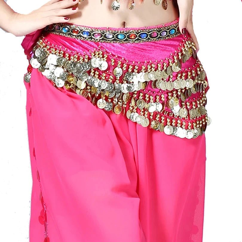 Mandotos multi-color glass silk velvet belly dance belt with crystals, waist chain, and hip scarf for elegant dance performances.