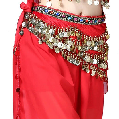 Mandotos multi-color glass silk velvet belly dance belt with crystals, waist chain, and hip scarf for elegant dance performances.