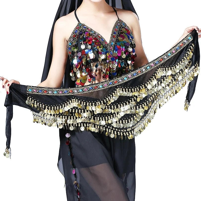 Mandotos multi-color glass silk velvet belly dance belt with crystals and waist chain, stylish hip scarf for belly dancing.