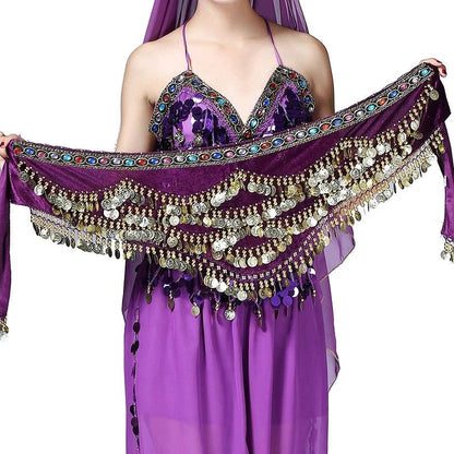 Mandotos multi-color glass and silk velvet belly dance belt with crystal accents, waist chain, and hip scarf for dance performances.