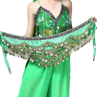 Mandotos belly dance belt with multi-color glass beads, silk velvet fabric, crystal accents, and waist chain for elegant dance performances.