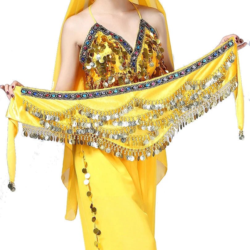 Mandotos multi-color glass silk velvet belly dance belt with crystals, waist chain, and hip scarf for vibrant dance performance.