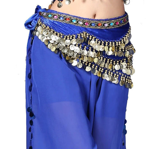 Mandotos multi-color glass silk velvet belly dance belt with crystals, waist chain, and hip scarf for vibrant dance performances.