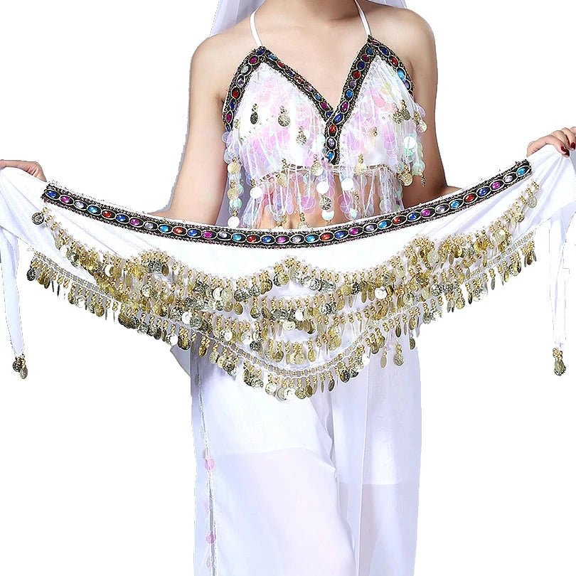 Mandotos multi-color glass silk velvet belly dance belt with crystal accents, hip scarf, and waist chain for dance performances.