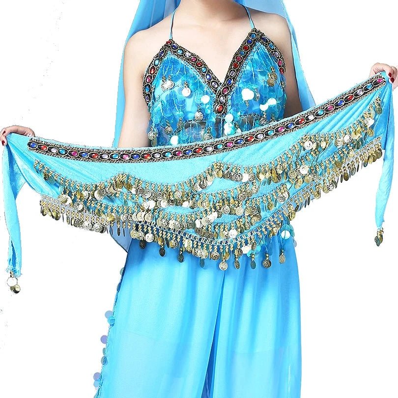 Mandotos belly dance belt with multi-color glass beads, silk velvet fabric, crystal accents, waist chain, and hip scarf for dance performance.