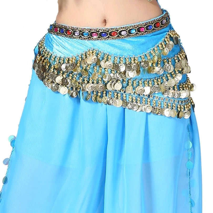 Mandotos multi-color glass silk velvet belly dance belt with crystals, waist chain, and hip scarf for elegant dancing performances.