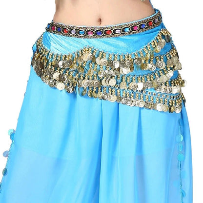 Mandotos multi-color glass silk velvet belly dance belt with crystals, waist chain, and hip scarf for elegant dancing performances.