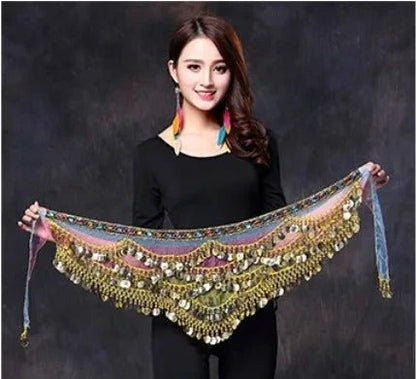 Mandotos multi-color glass silk velvet belly dance belt with crystals, waist chain, and hip scarf for elegant movement and style