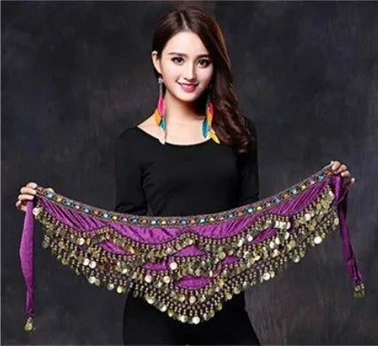 Mandotos multicolor glass silk velvet belly dance belt with crystals, waist chain, and hip scarf, ideal for dance performances.