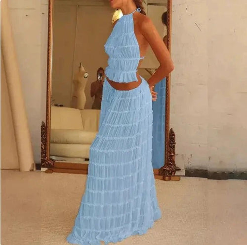 Mandotos 2-piece chic halter dress suit set featuring a stylish halter top and matching skirt, perfect for elegant occasions.