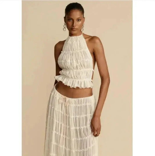 Mandotos 2-piece chic halter dress suit set featuring a stylish halter top and matching skirt for a fashionable look.