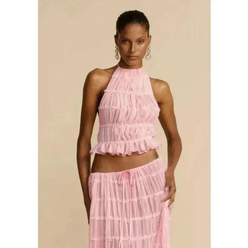 Mandotos 2-piece chic halter dress suit set featuring a stylish halter top and matching skirt for a fashionable look.