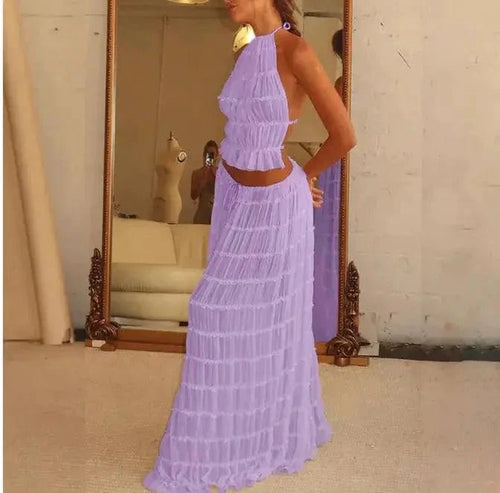 Mandotos 2-piece chic halter dress suit set with stylish top and matching skirt, perfect for elegant summer occasions.
