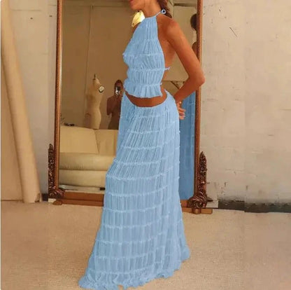 Mandotos 2-piece chic halter dress suit set featuring a stylish halter top and matching skirt for elegant wear.
