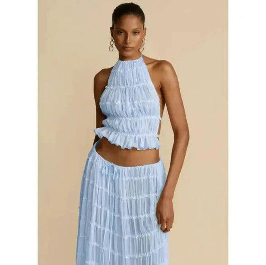 Mandotos 2-piece chic halter dress suit set featuring a stylish halter top and matching skirt for a trendy, elegant look.