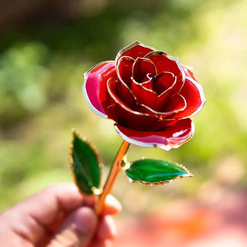 24K gold plated rose gift by MANDOTOS, showcasing a beautifully crafted gold rose with intricate details and elegant presentation.