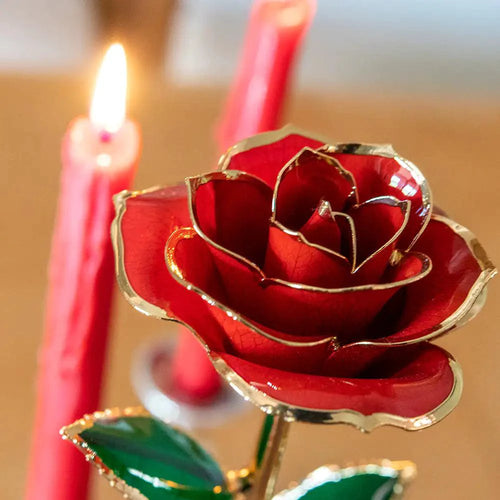 24K gold plated rose gift by MANDOTOS, showcasing a beautifully crafted gold rose with intricate details and elegant packaging.