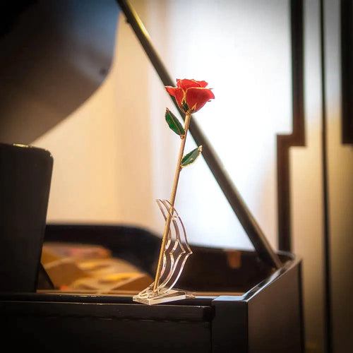 24K gold plated rose gift from MANDOTOS, close-up of the elegant, gold-colored rose with detailed petals and stem.