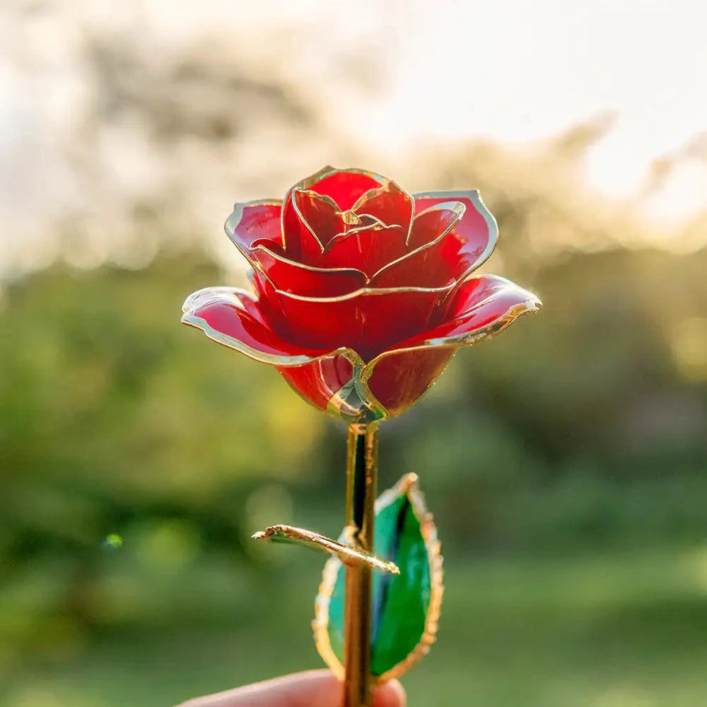 24K gold-plated rose gift by MANDOTOS, showcasing a detailed, elegant gold rose in a luxurious presentation.
