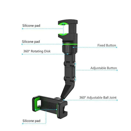 Mandotos 360° adjustable car mirror phone mount secured on rearview mirror, holding smartphone for hands-free use.