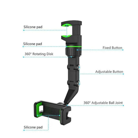 Mandotos 360° adjustable car mirror phone mount secured on rearview mirror, holding smartphone for hands-free use.