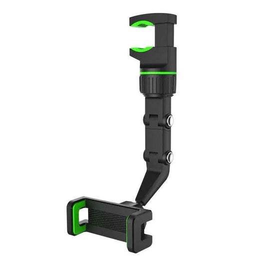 Mandotos 360° adjustable car mirror phone mount attached to rearview mirror for hands-free phone use while driving.