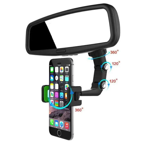 Mandotos 360° adjustable car mirror phone mount attached to rearview mirror, holding a smartphone securely for hands-free use.