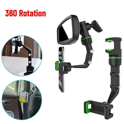 Mandotos 360° adjustable car mirror phone mount attached to rearview mirror, holding a smartphone securely for easy access while driving.